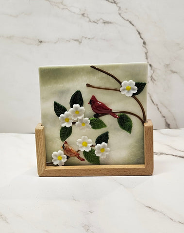 Handmade Fused Art Glass Cardinals Among Flowers Scene