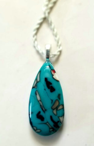 Fused Art Glass Turquoise, Vanilla, Black Mixture Pendant Necklace Teardrop